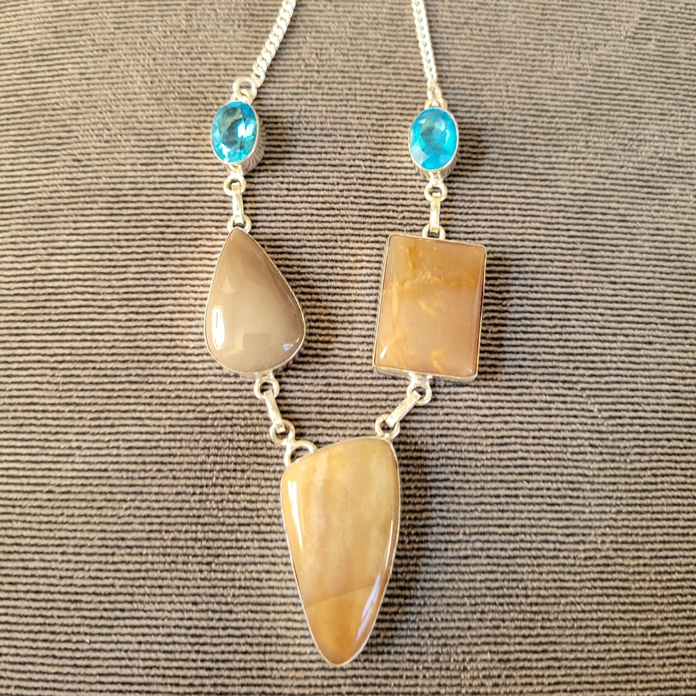 Beige and Blue Gemstone Necklace Set In 925 Silver Links. Natural Stone